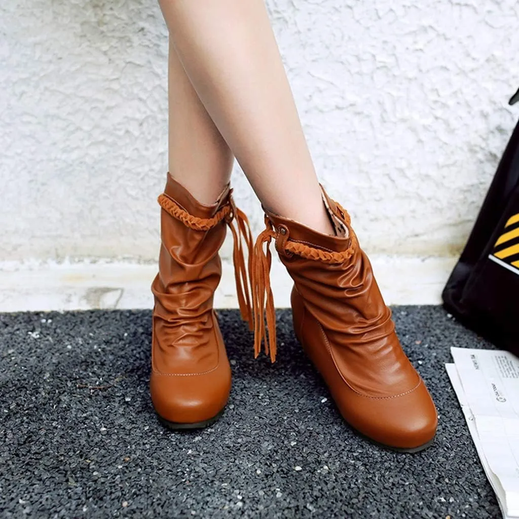 Women's Slouch Fringe Ankle Boots Round Toe Slip On Leather Low Heel Booties Comfy Tassel Short Boot