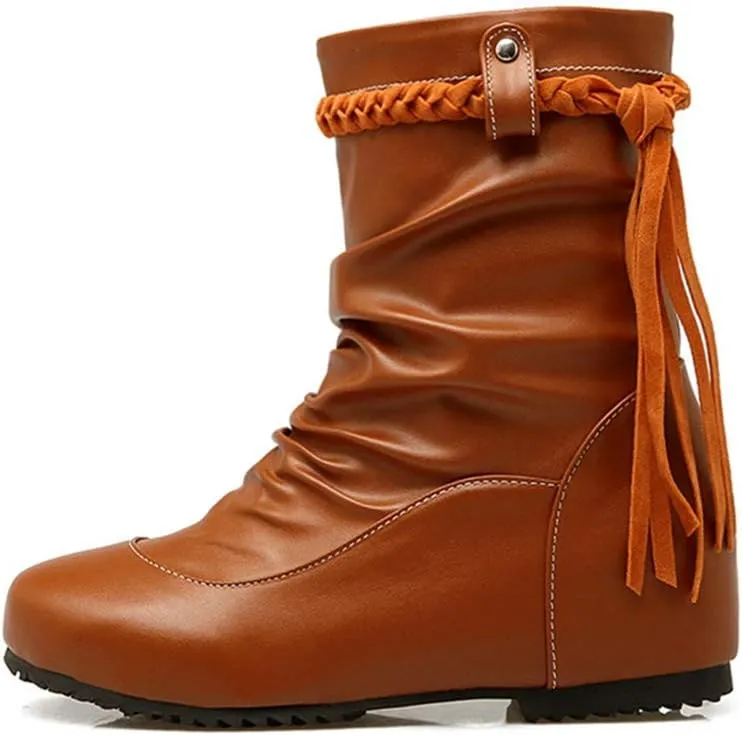 Women's Slouch Fringe Ankle Boots Round Toe Slip On Leather Low Heel Booties Comfy Tassel Short Boot