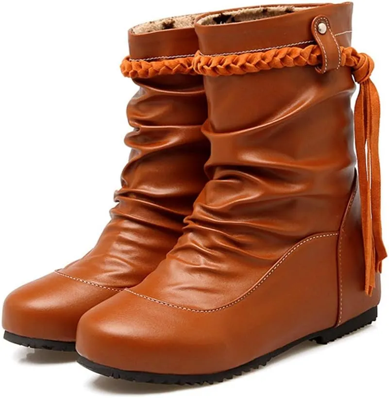 Women's Slouch Fringe Ankle Boots Round Toe Slip On Leather Low Heel Booties Comfy Tassel Short Boot
