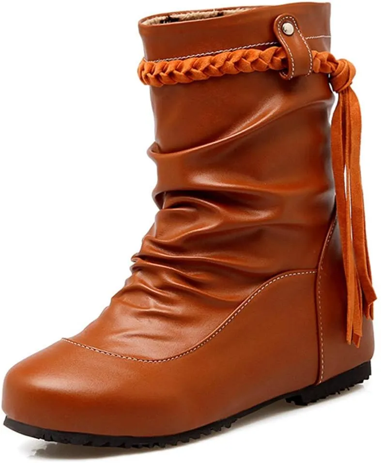 Women's Slouch Fringe Ankle Boots Round Toe Slip On Leather Low Heel Booties Comfy Tassel Short Boot