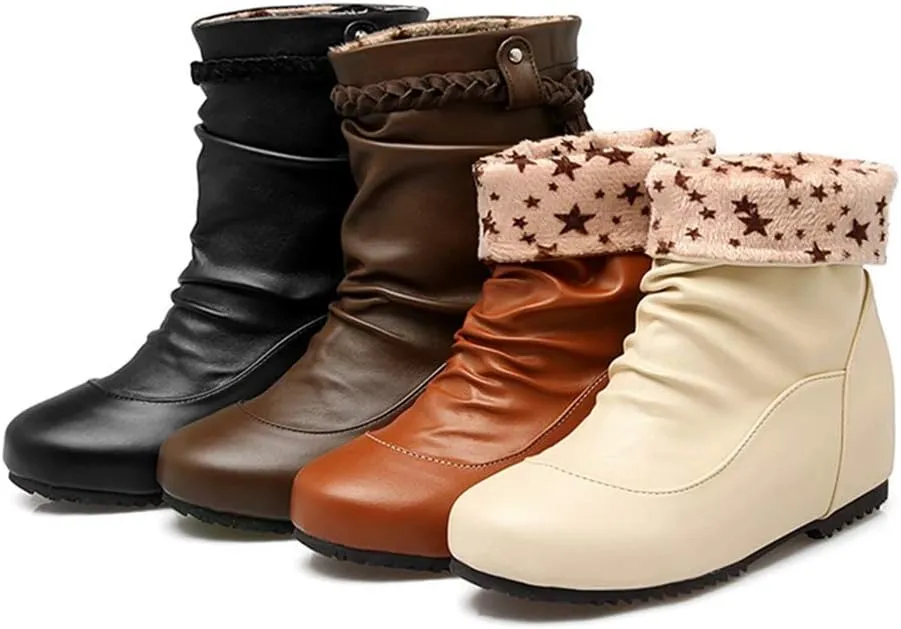 Women's Slouch Fringe Ankle Boots Round Toe Slip On Leather Low Heel Booties Comfy Tassel Short Boot