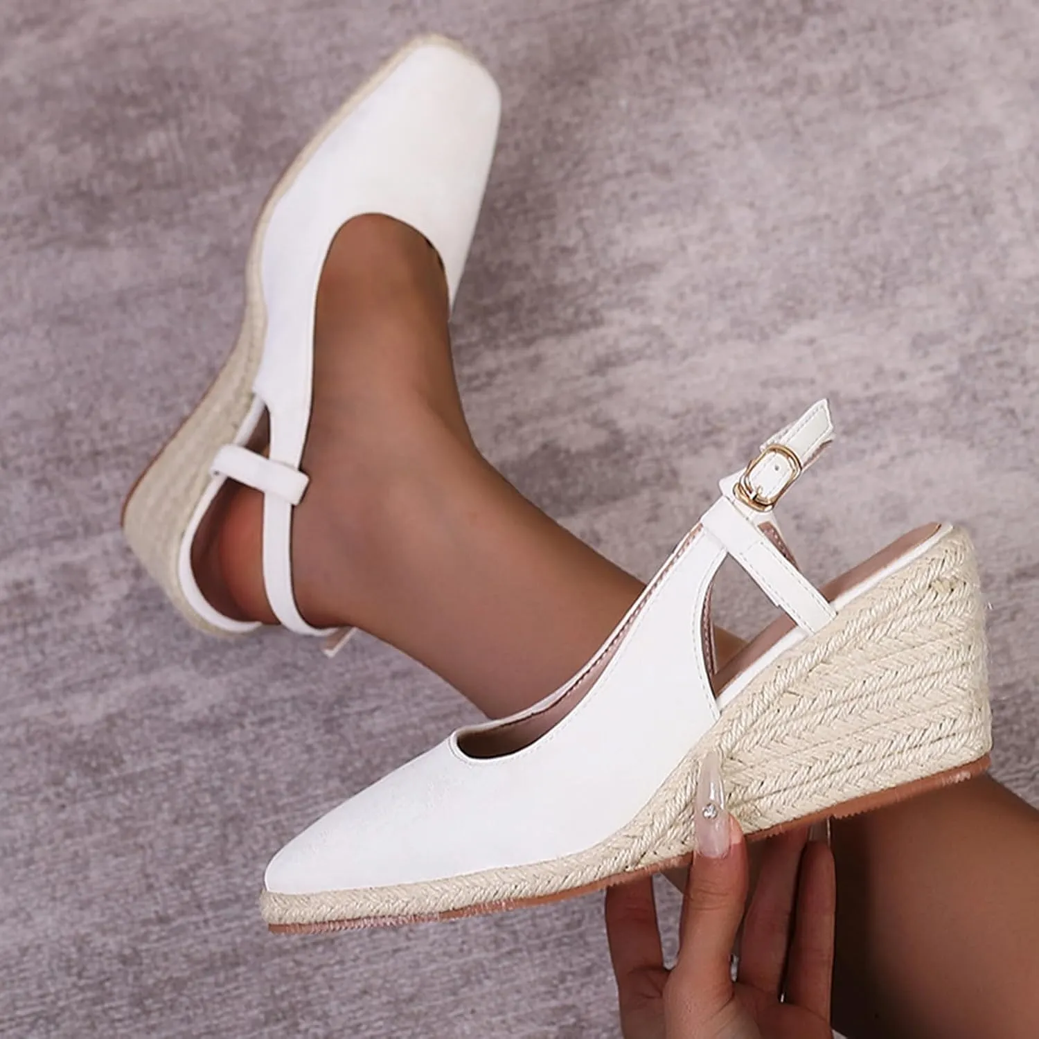 Women's Square Closed Toe Espadrille Wedge Sandals, Summer Outdoor Adjustable Buckle Comfortable Slip On Slingback Sandals