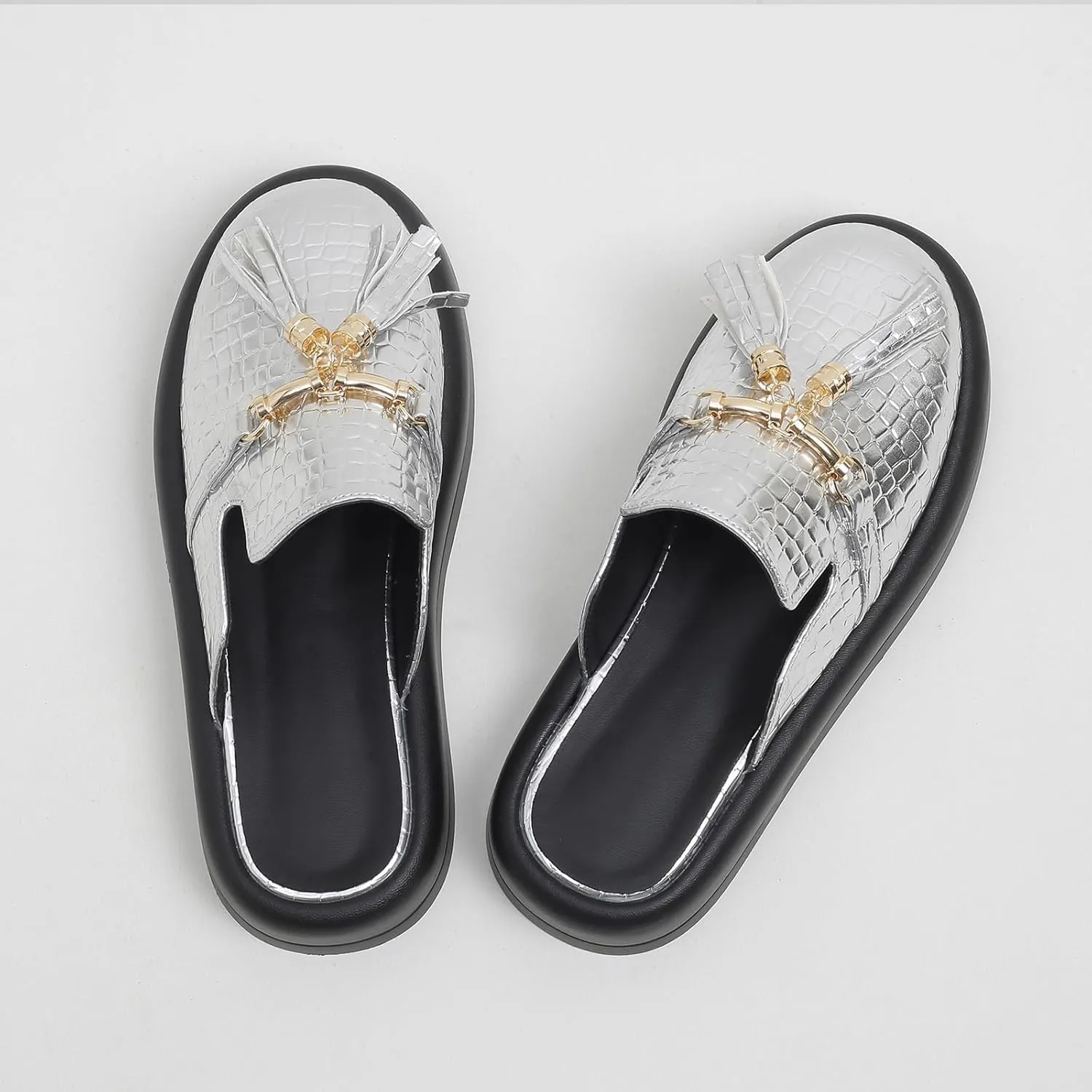 Women's Stone Print Leather Platform Fringe Mules Closed Round Toe Slip On Non-Slip Sandals with Soft Cushion Indoor/Outdoor Comfort Casual Clogs Slides