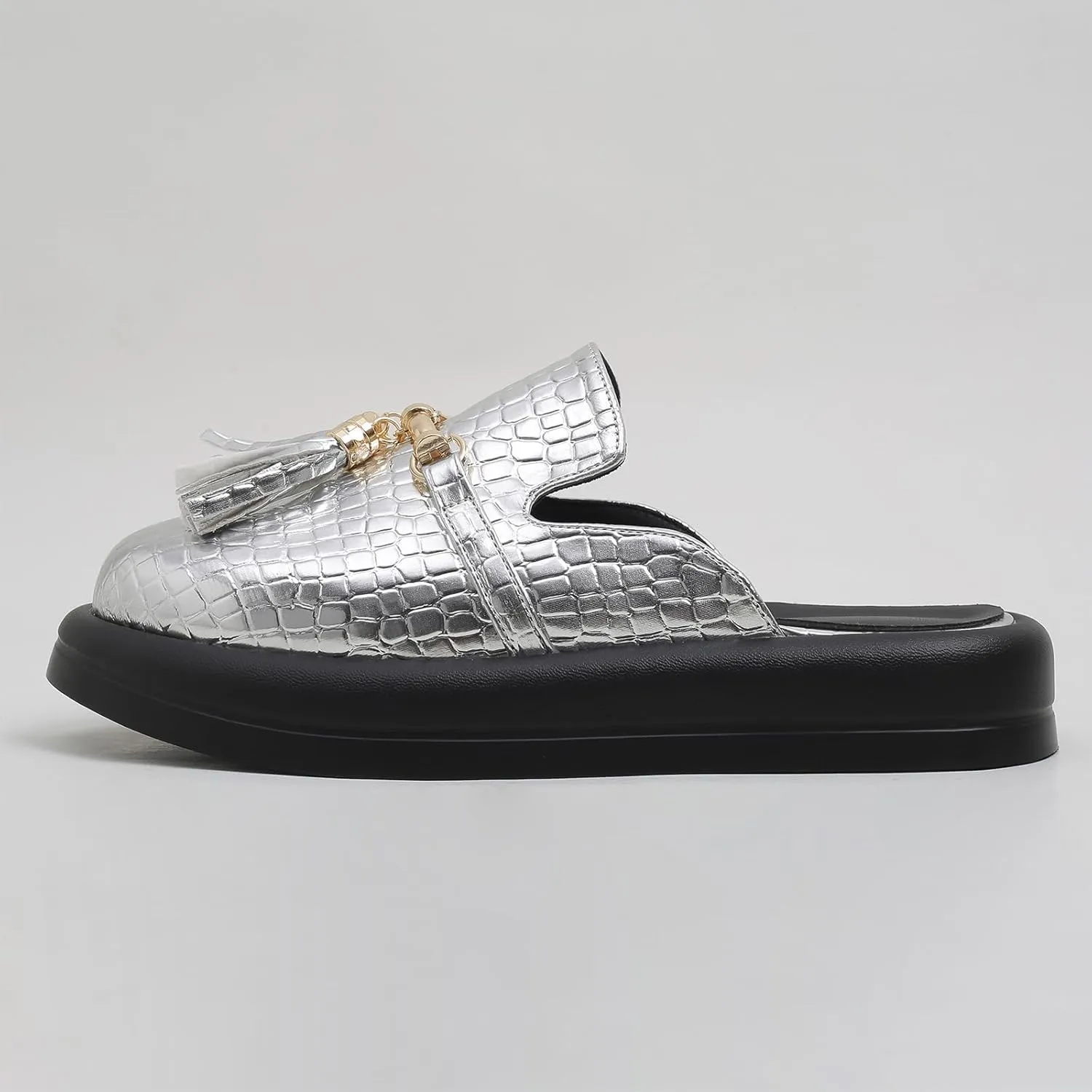 Women's Stone Print Leather Platform Fringe Mules Closed Round Toe Slip On Non-Slip Sandals with Soft Cushion Indoor/Outdoor Comfort Casual Clogs Slides