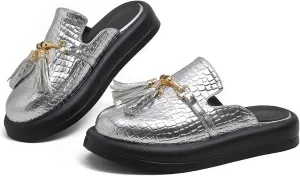 Women's Stone Print Leather Platform Fringe Mules Closed Round Toe Slip On Non-Slip Sandals with Soft Cushion Indoor/Outdoor Comfort Casual Clogs Slides