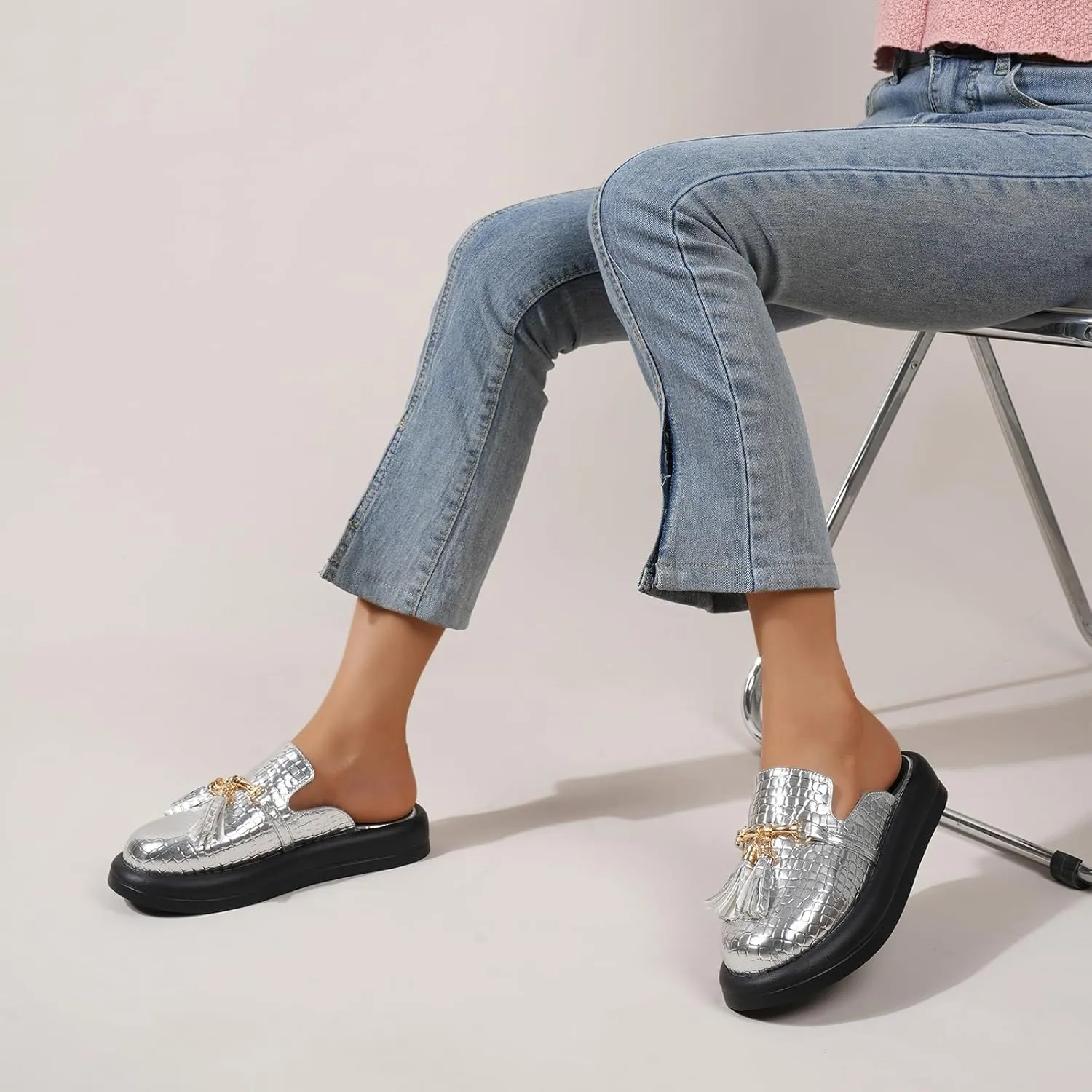 Women's Stone Print Leather Platform Fringe Mules Closed Round Toe Slip On Non-Slip Sandals with Soft Cushion Indoor/Outdoor Comfort Casual Clogs Slides