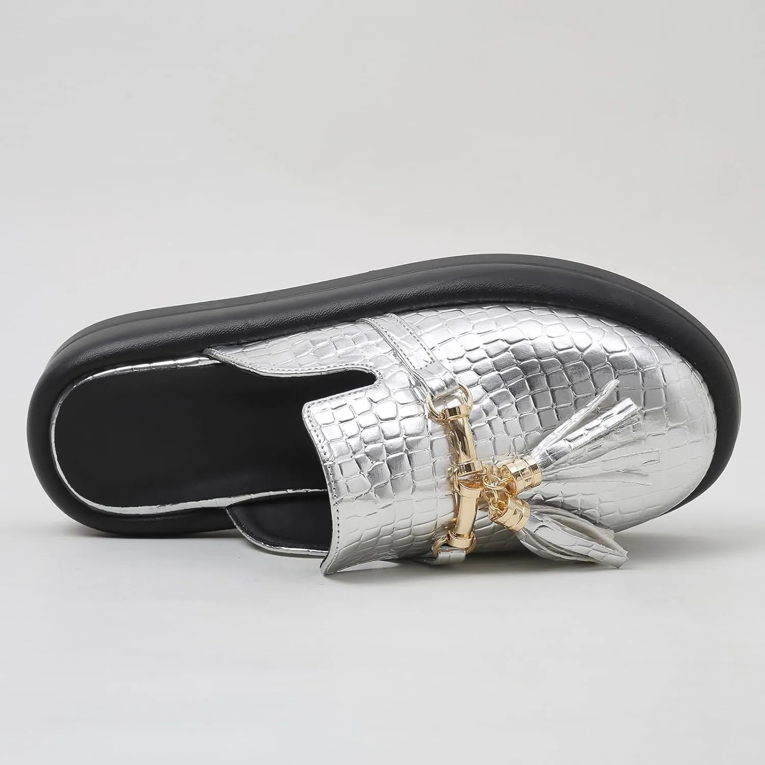 Women's Stone Print Leather Platform Fringe Mules Closed Round Toe Slip On Non-Slip Sandals with Soft Cushion Indoor/Outdoor Comfort Casual Clogs Slides
