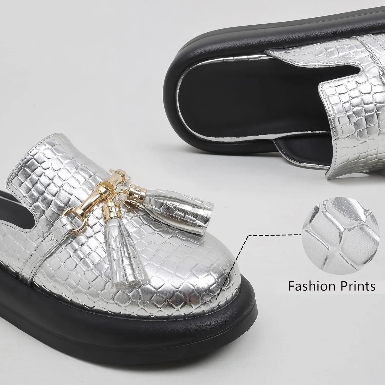 Women's Stone Print Leather Platform Fringe Mules Closed Round Toe Slip On Non-Slip Sandals with Soft Cushion Indoor/Outdoor Comfort Casual Clogs Slides