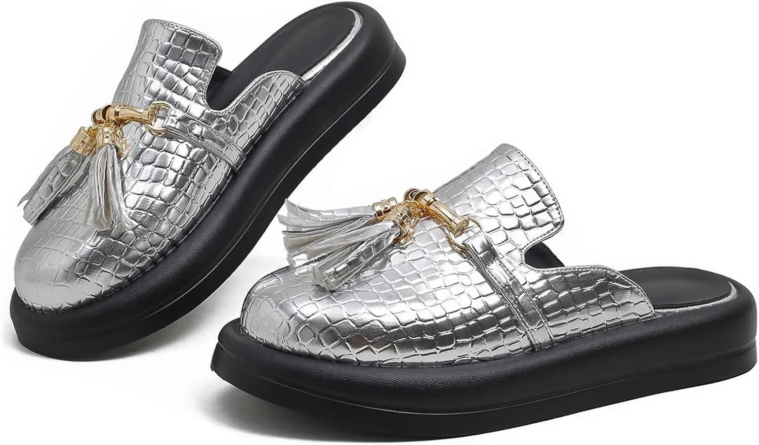 Women's Stone Print Leather Platform Fringe Mules Closed Round Toe Slip On Non-Slip Sandals with Soft Cushion Indoor/Outdoor Comfort Casual Clogs Slides