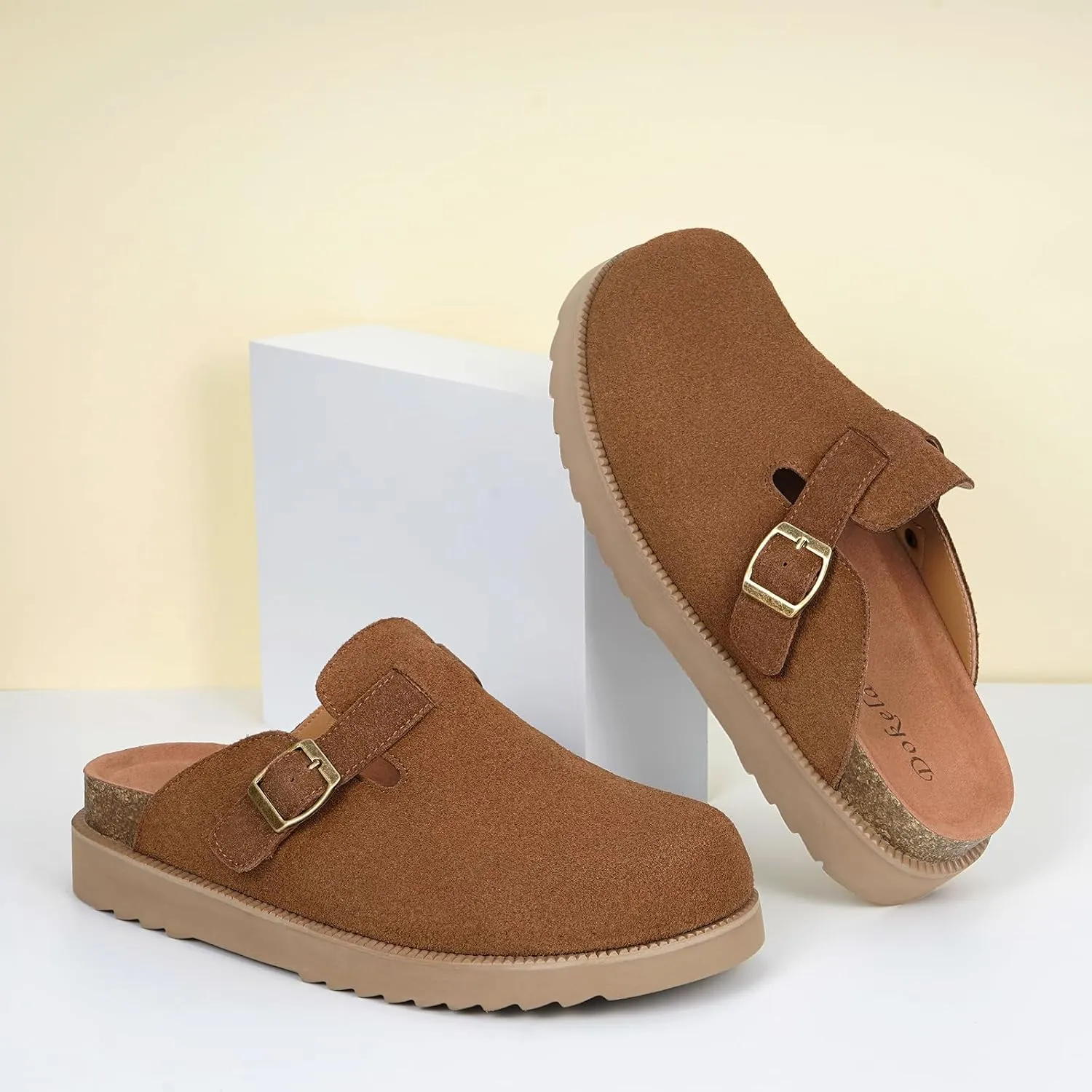 Women's Suede Clogs Leather Mules Comfort Cork Footbed Platform Clogs Adjustable Buckle Slip On Sandals Potato Shoes with Arch Support