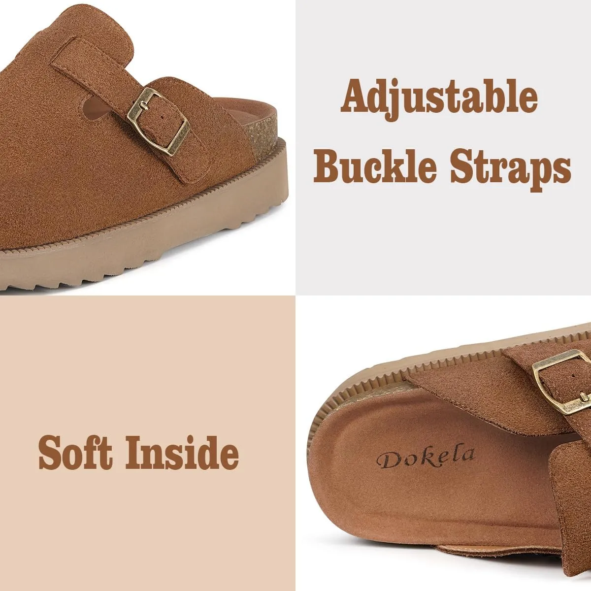 Women's Suede Clogs Leather Mules Comfort Cork Footbed Platform Clogs Adjustable Buckle Slip On Sandals Potato Shoes with Arch Support