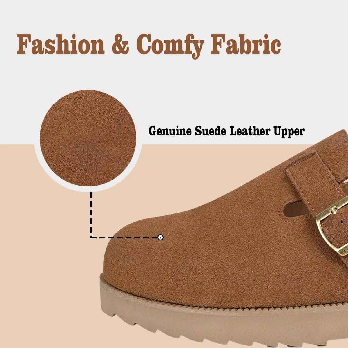 Women's Suede Clogs Leather Mules Comfort Cork Footbed Platform Clogs Adjustable Buckle Slip On Sandals Potato Shoes with Arch Support