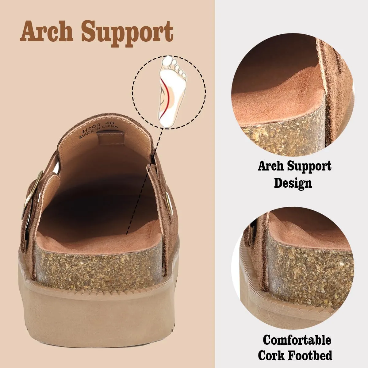 Women's Suede Clogs Leather Mules Comfort Cork Footbed Platform Clogs Adjustable Buckle Slip On Sandals Potato Shoes with Arch Support
