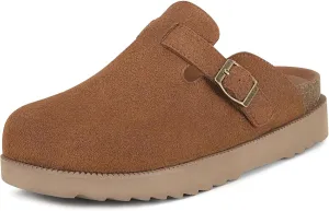 Women's Suede Clogs Leather Mules Comfort Cork Footbed Platform Clogs Adjustable Buckle Slip On Sandals Potato Shoes with Arch Support
