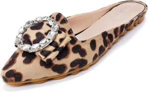 Women's Suede Leather Mules Mules for Woman Rhinestone Flats Comfortable Slip on Women Mule Shoe
