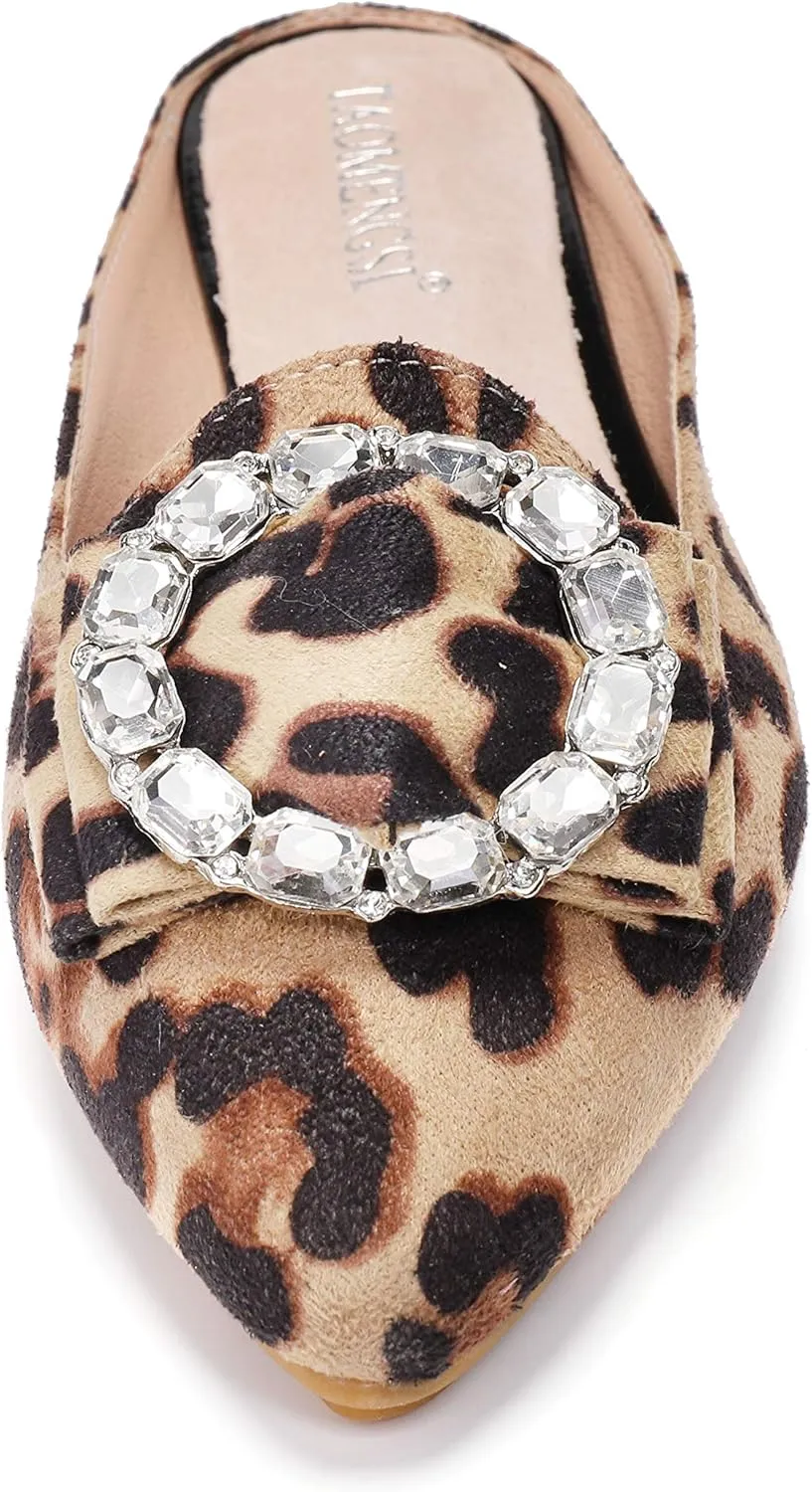 Women's Suede Leather Mules Mules for Woman Rhinestone Flats Comfortable Slip on Women Mule Shoe