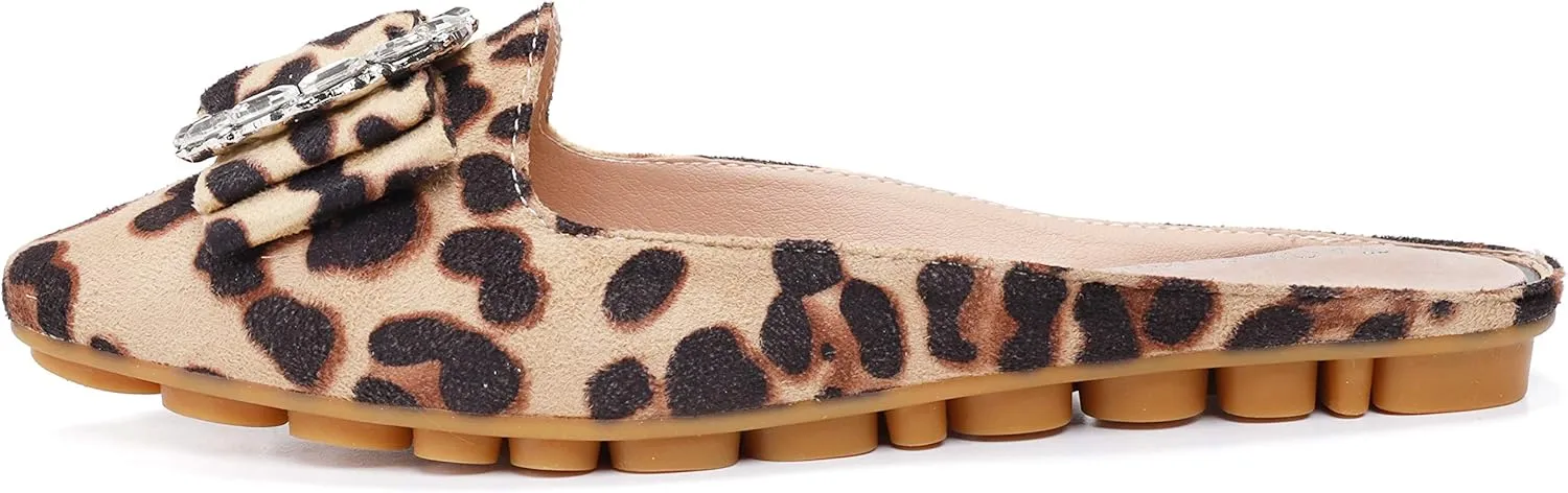 Women's Suede Leather Mules Mules for Woman Rhinestone Flats Comfortable Slip on Women Mule Shoe