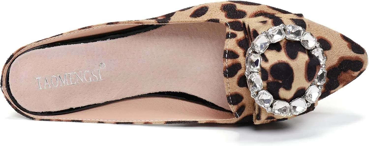 Women's Suede Leather Mules Mules for Woman Rhinestone Flats Comfortable Slip on Women Mule Shoe