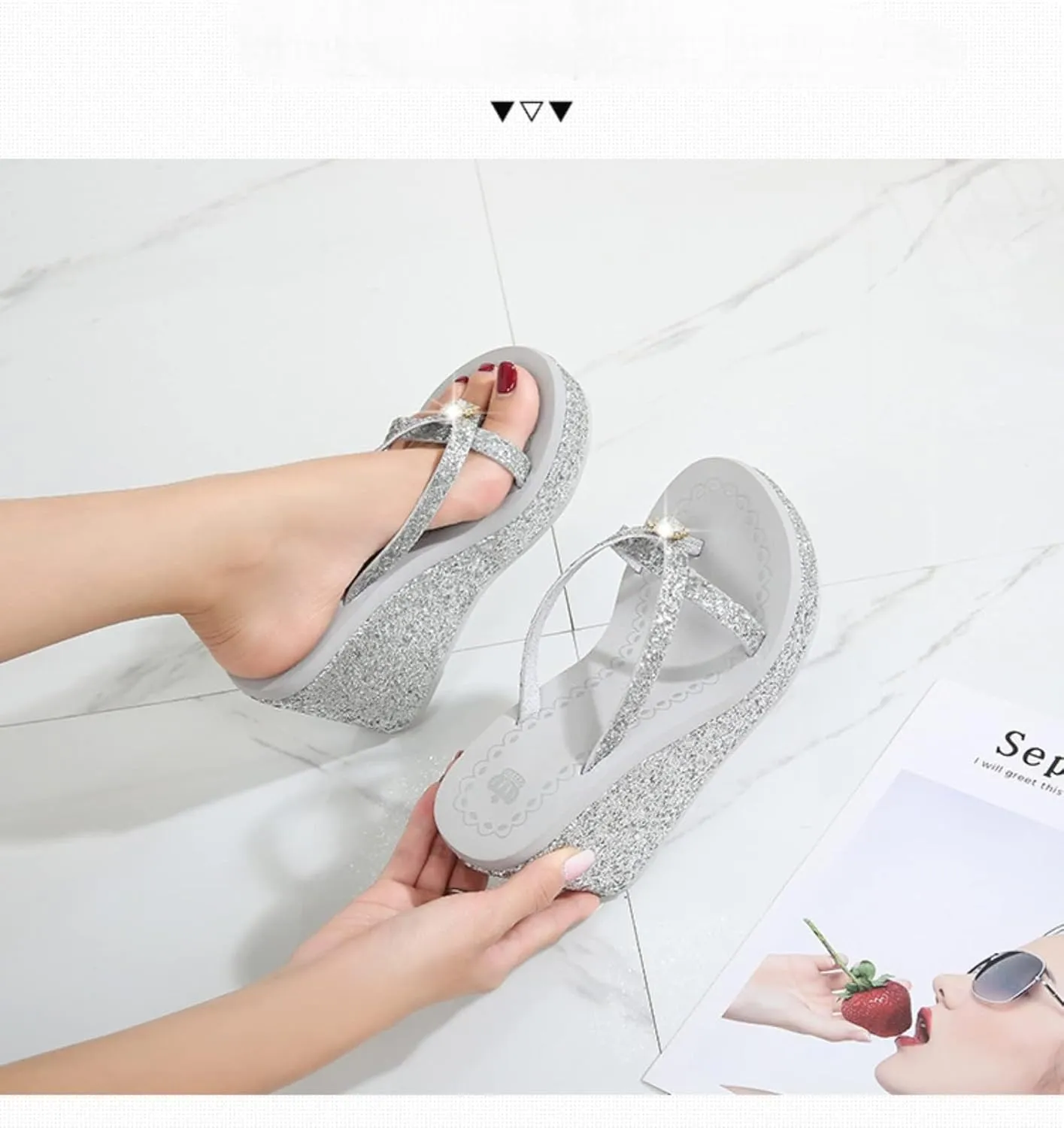 Women's Super High Heel Platform Sequin Diamond Flip Flops Shiny Sequin Wedge Non-Slip Comfortable Flip Flops.