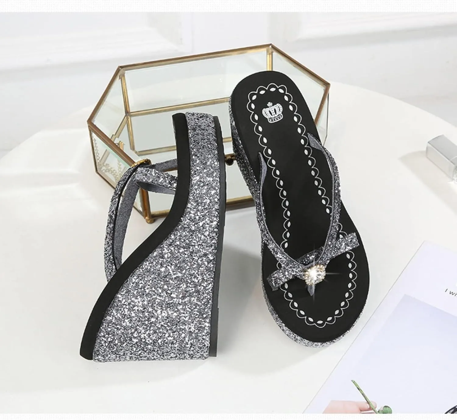 Women's Super High Heel Platform Sequin Diamond Flip Flops Shiny Sequin Wedge Non-Slip Comfortable Flip Flops.