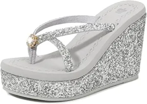 Women's Super High Heel Platform Sequin Diamond Flip Flops Shiny Sequin Wedge Non-Slip Comfortable Flip Flops.