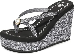 Women's Super High Heel Platform Sequin Diamond Flip Flops Shiny Sequin Wedge Non-Slip Comfortable Flip Flops.
