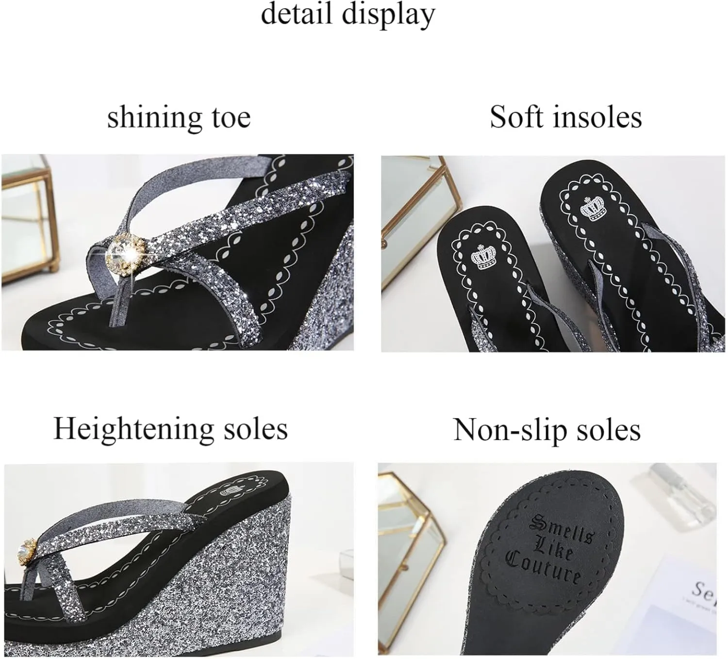 Women's Super High Heel Platform Sequin Diamond Flip Flops Shiny Sequin Wedge Non-Slip Comfortable Flip Flops.