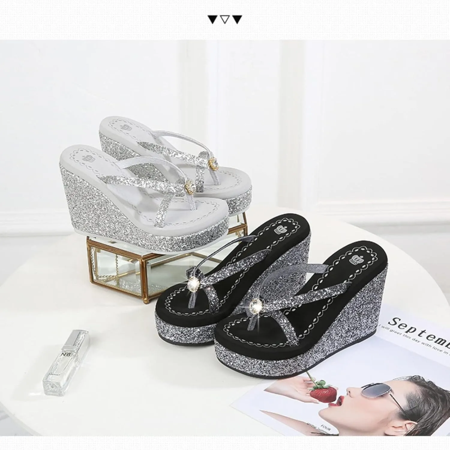 Women's Super High Heel Platform Sequin Diamond Flip Flops Shiny Sequin Wedge Non-Slip Comfortable Flip Flops.