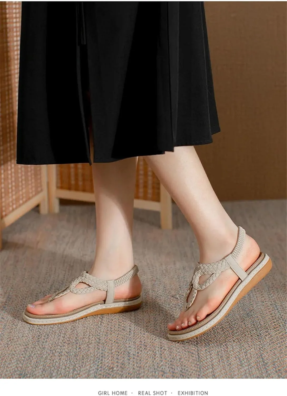 Women's T-Strap Flip-Flops - Boho Elastic Ankle Beach Casual Comfort