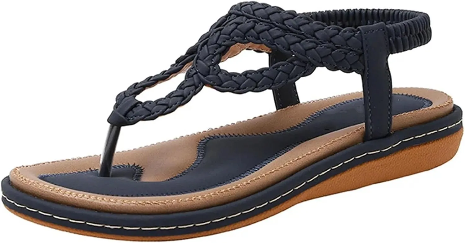 Women's T-Strap Flip-Flops - Boho Elastic Ankle Beach Casual Comfort