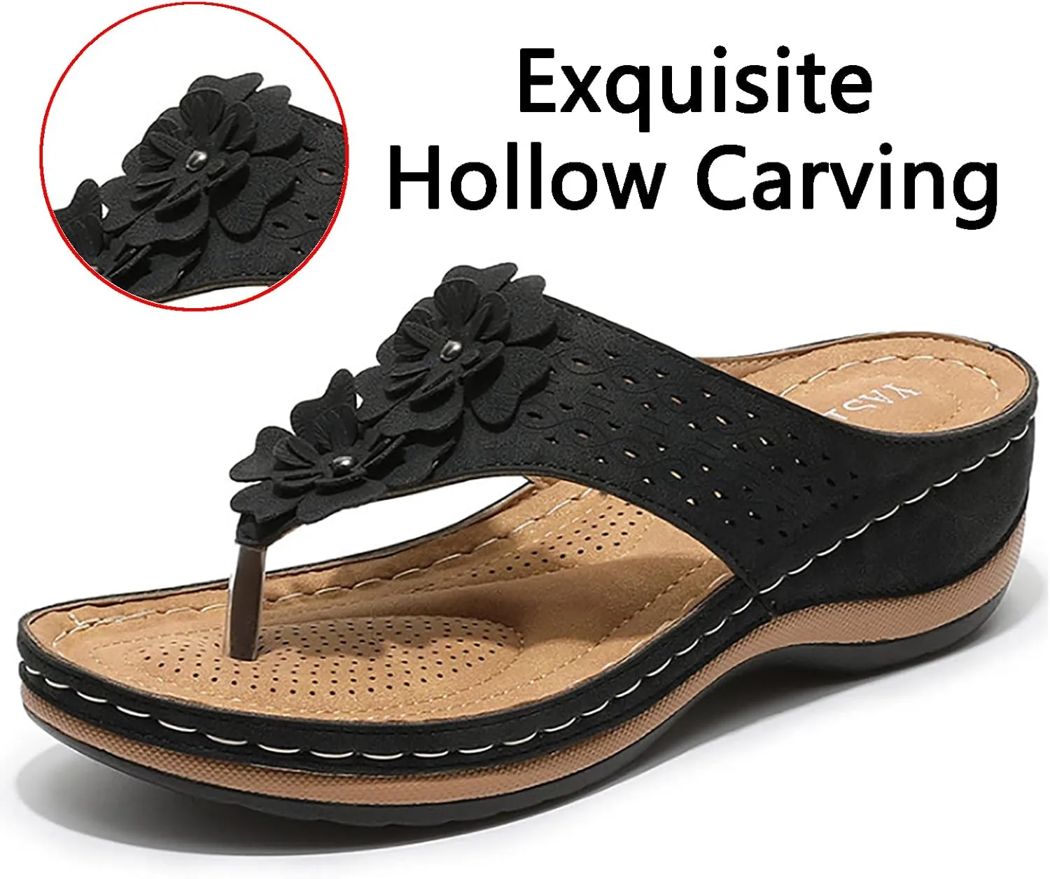 Women's Vintage 3D Floral Cutout Sandals with Arch Support Flip Flops,Bohemian Wedge Open Toe Casual Walking Beach Sandals