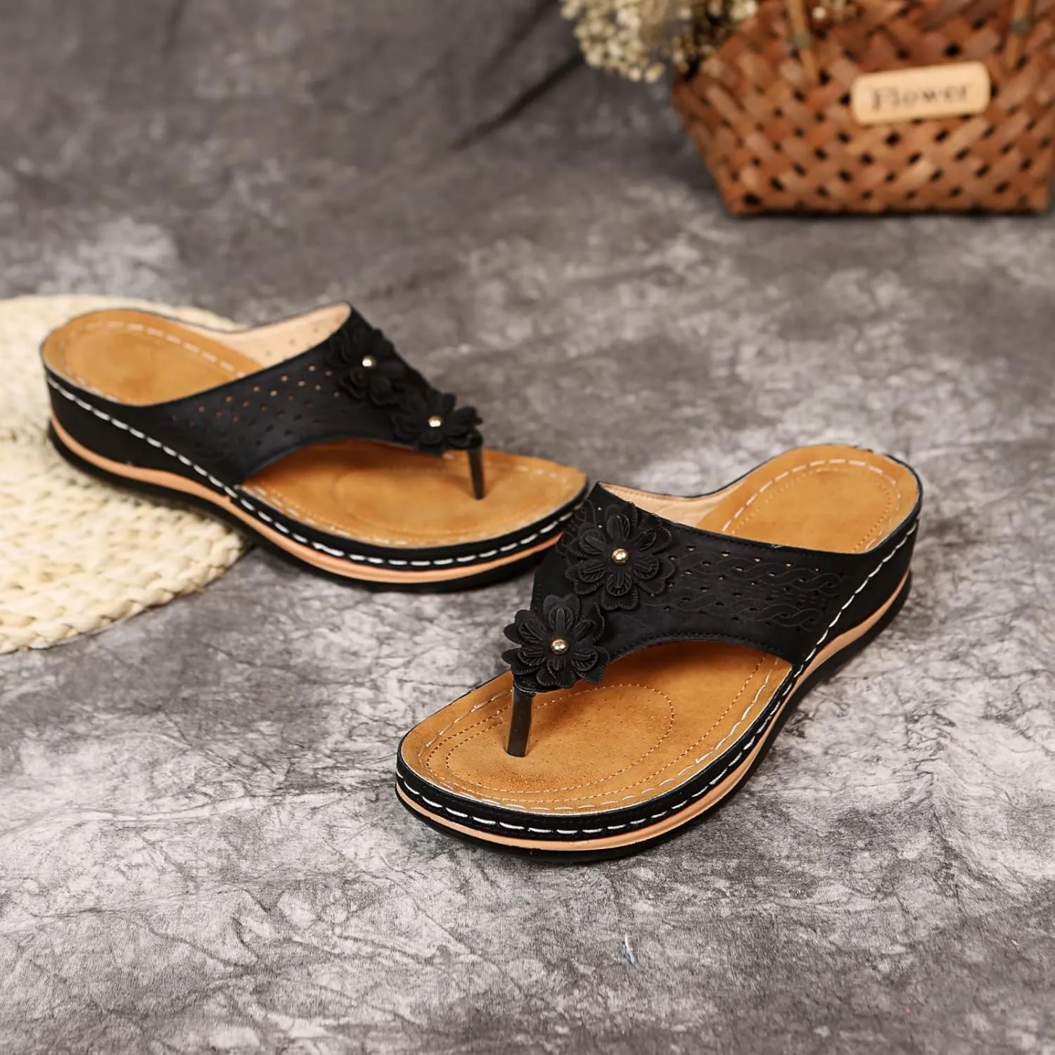 Women's Vintage 3D Floral Cutout Sandals with Arch Support Flip Flops,Bohemian Wedge Open Toe Casual Walking Beach Sandals