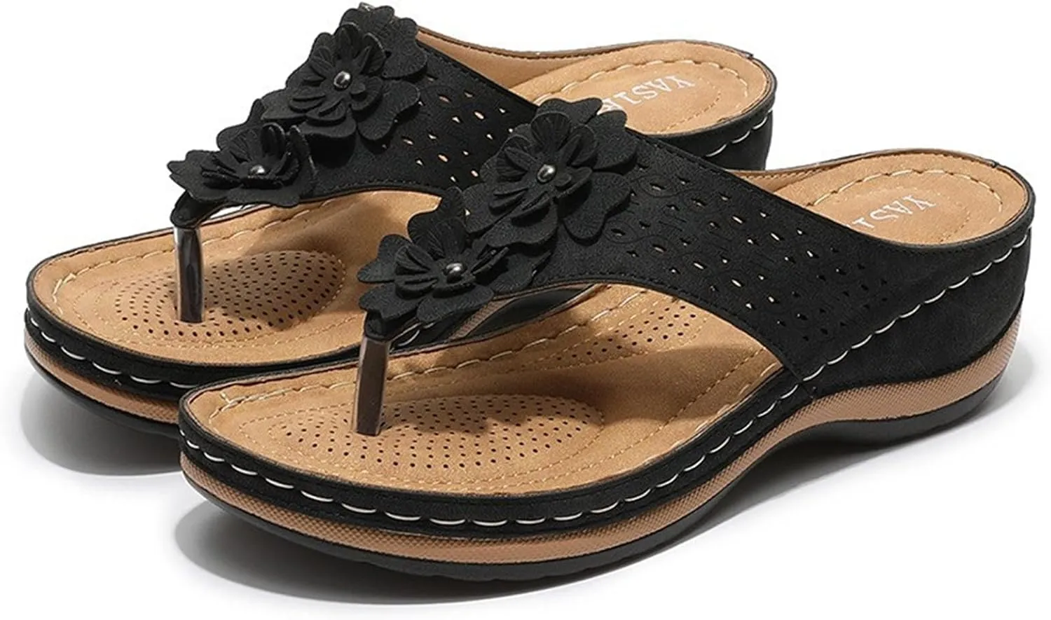 Women's Vintage 3D Floral Cutout Sandals with Arch Support Flip Flops,Bohemian Wedge Open Toe Casual Walking Beach Sandals