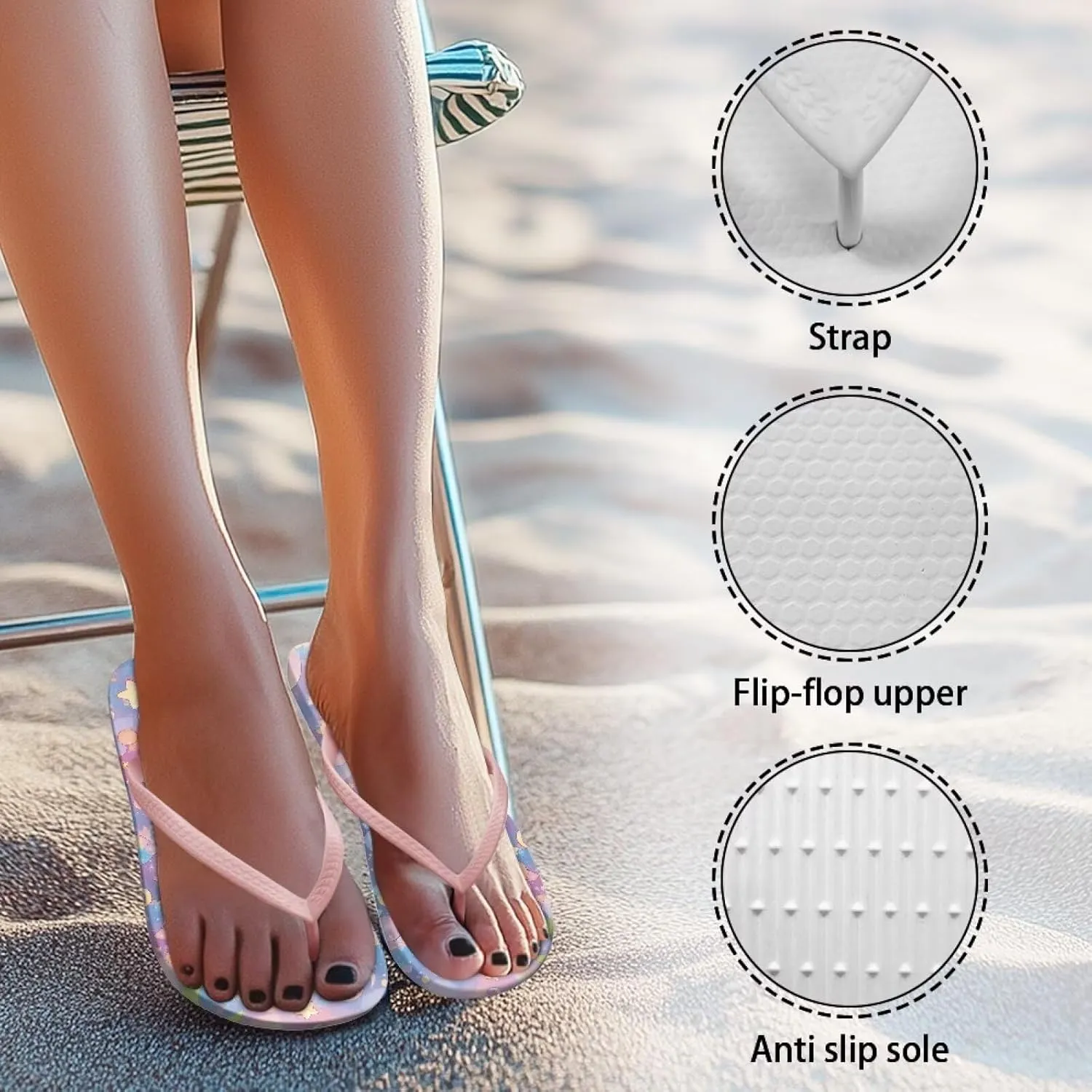 Womens Walking Thong Sandals Stylish Print Non Slip Lightweight Flip Flops with Comfortable Cushion Sole Pink Strap