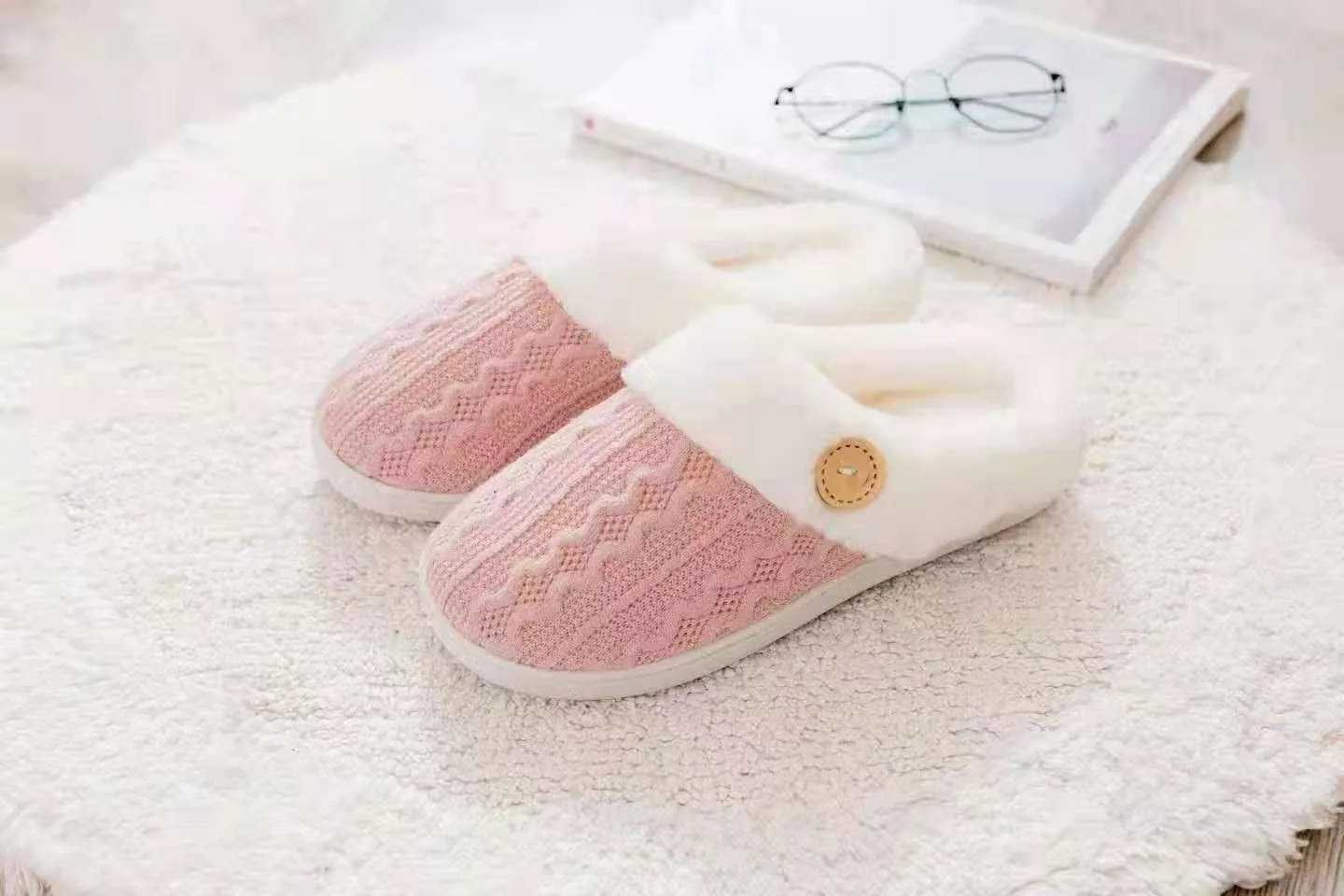 Women's Warm Comfy Memory Foam Slippers, Knitted Faux Fur Lined Anti-Skid, Boho Cozy House Shoes for Indoor