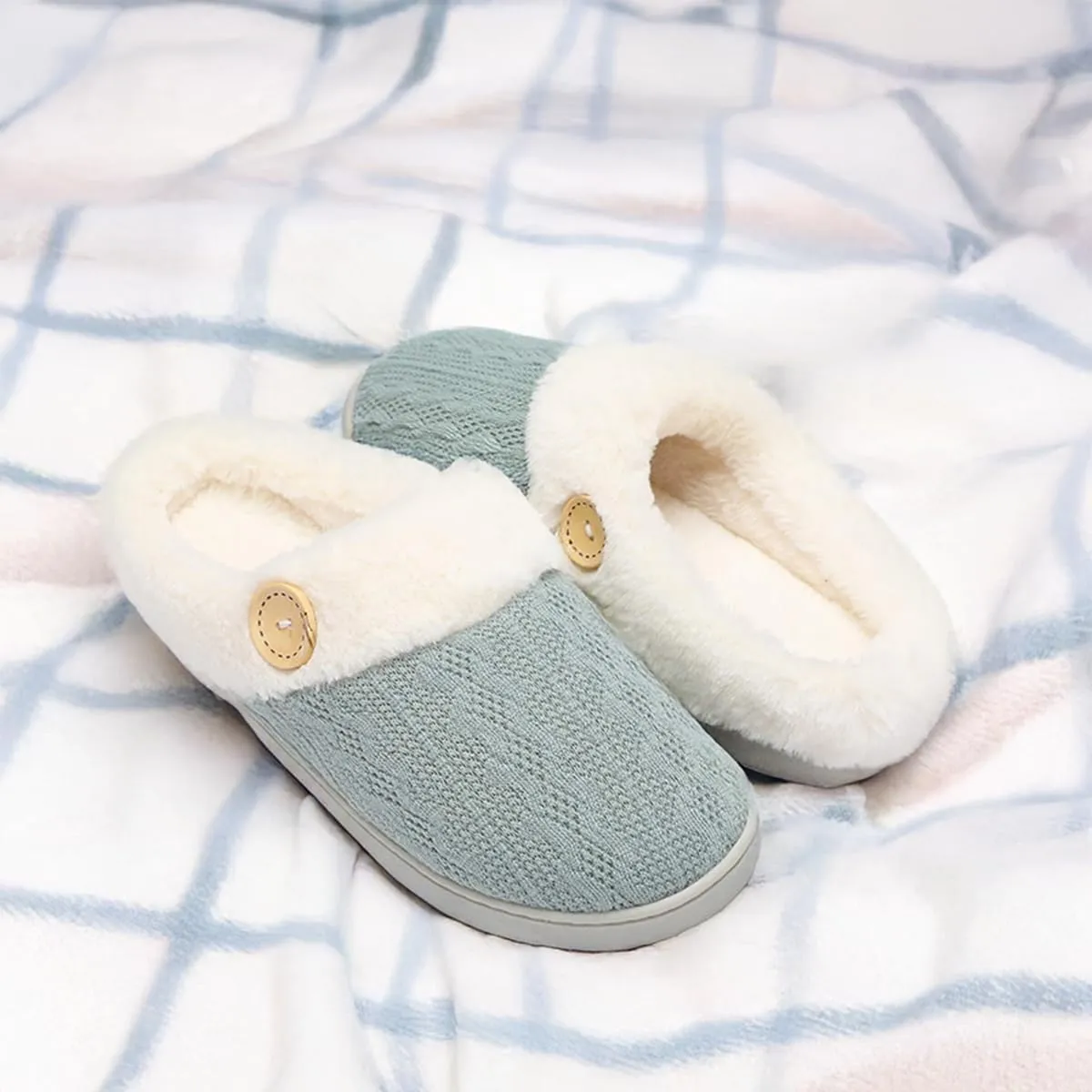 Women's Warm Comfy Memory Foam Slippers, Knitted Faux Fur Lined Anti-Skid, Boho Cozy House Shoes for Indoor