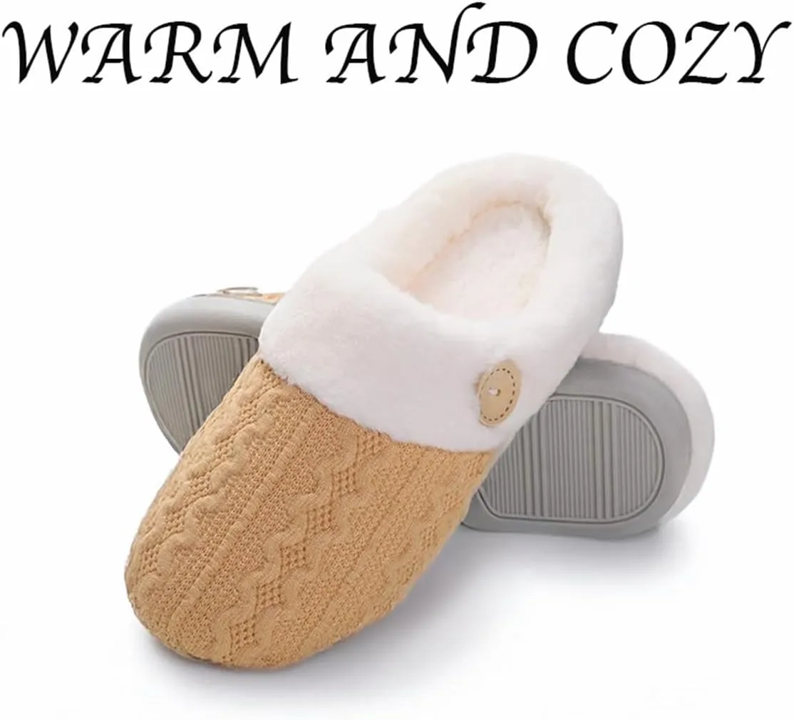 Women's Warm Comfy Memory Foam Slippers, Knitted Faux Fur Lined Anti-Skid, Boho Cozy House Shoes for Indoor