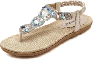 Women's Wedding Sandals Crystal with Rhinestone Beaded Bohemian Dress Flip-flop Gladiator Shoes Plus-size