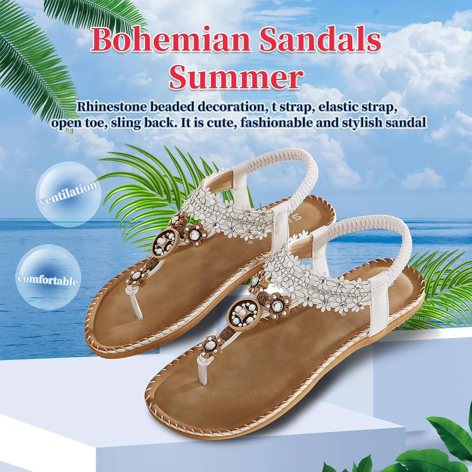 Women's Wedding Sandals Crystal with Rhinestone Beaded Bohemian Dress Flip-flop Gladiator Shoes Plus-size