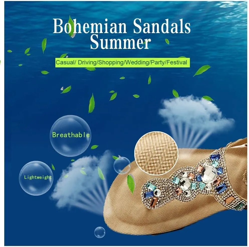 Women's Wedding Sandals Crystal with Rhinestone Beaded Bohemian Dress Flip-flop Gladiator Shoes Plus-size