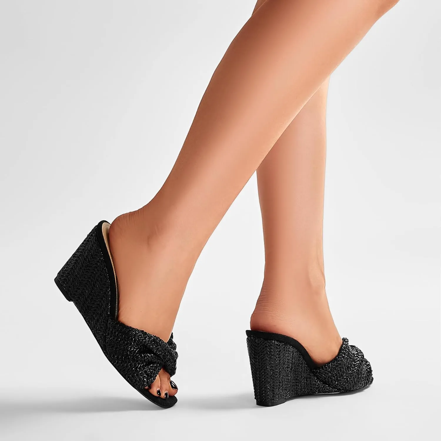 Women's Wedges Slippers Fabric Heels Slip on Comfy Evening Dress Sandals Square Toe Shoes for Women 3.3" Heels