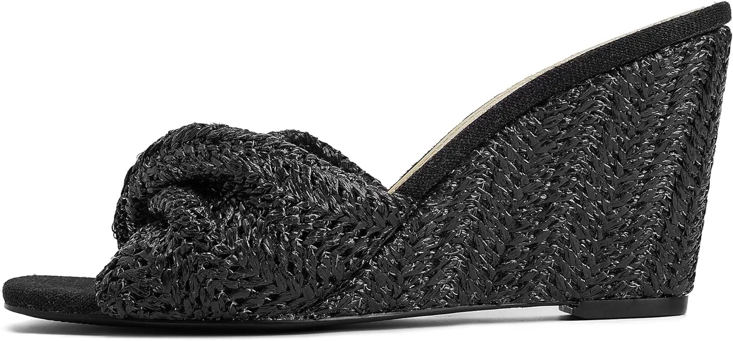 Women's Wedges Slippers Fabric Heels Slip on Comfy Evening Dress Sandals Square Toe Shoes for Women 3.3" Heels