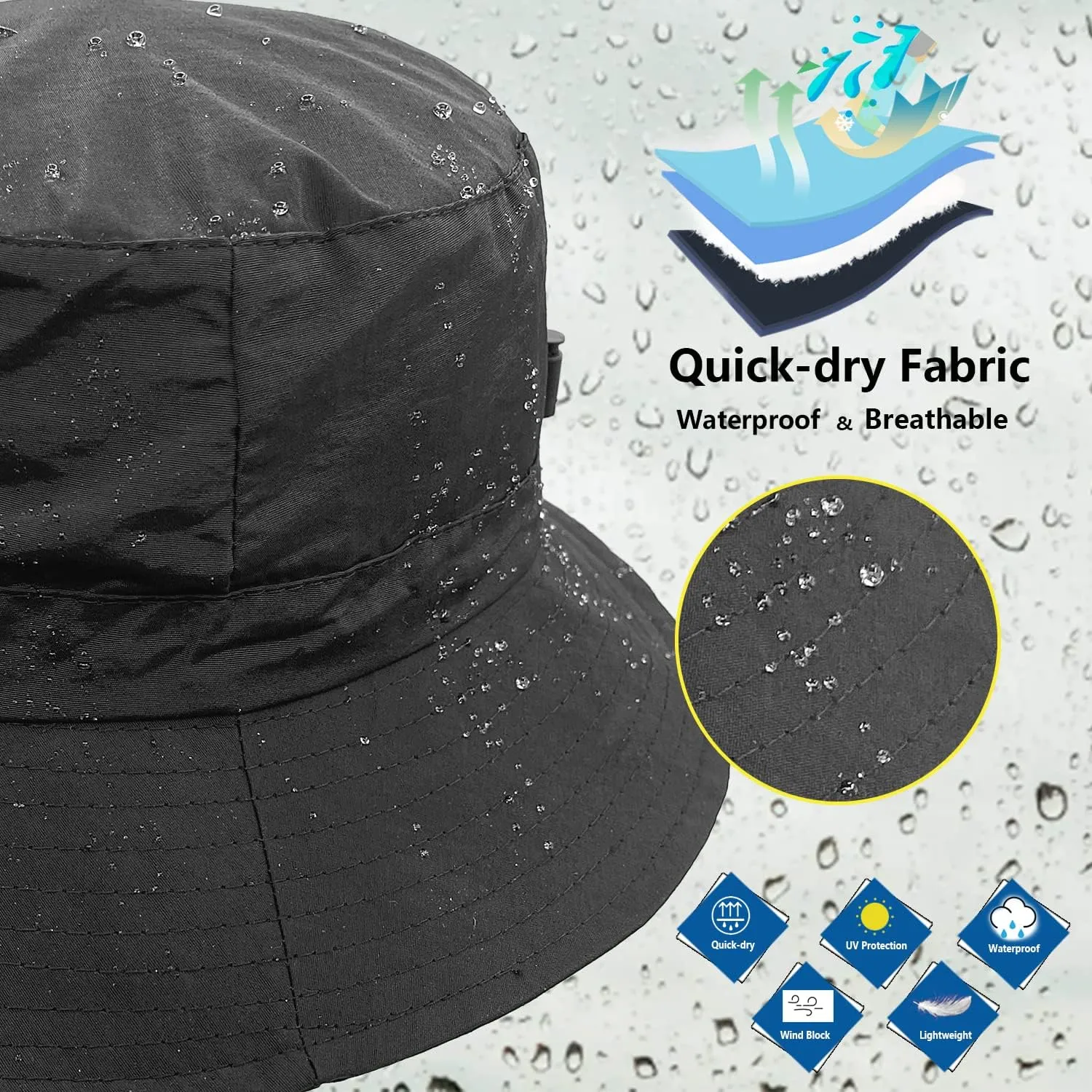 woogwin Waterproof Bucket Rain Hat with Chin Strap Quick Dry Packable Boonie Sun Hat Safari Hat UV Protection