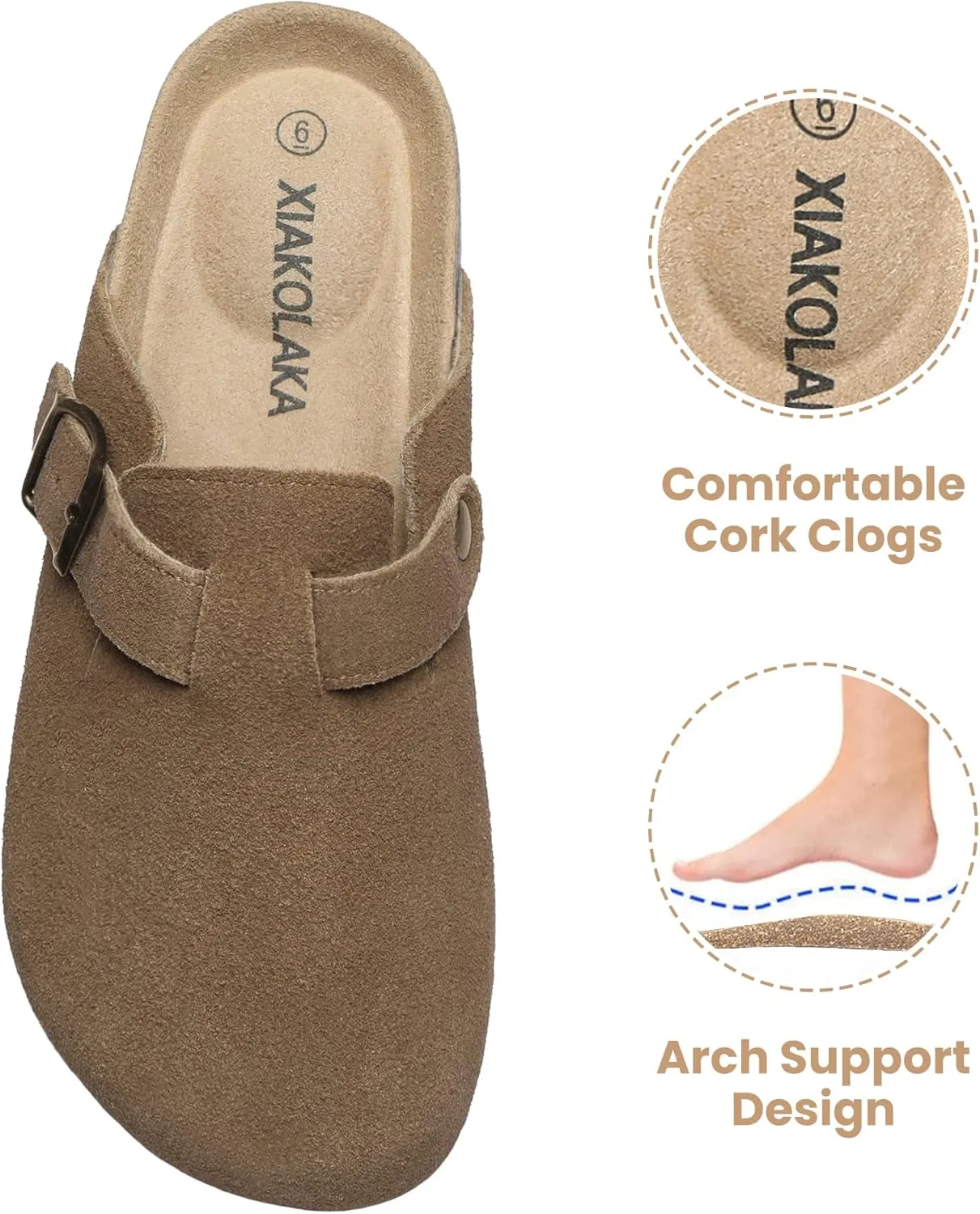 Xiakolaka Women's Suede Clogs Adjustable Buckle Slip on Footbed Home Clog Slippers