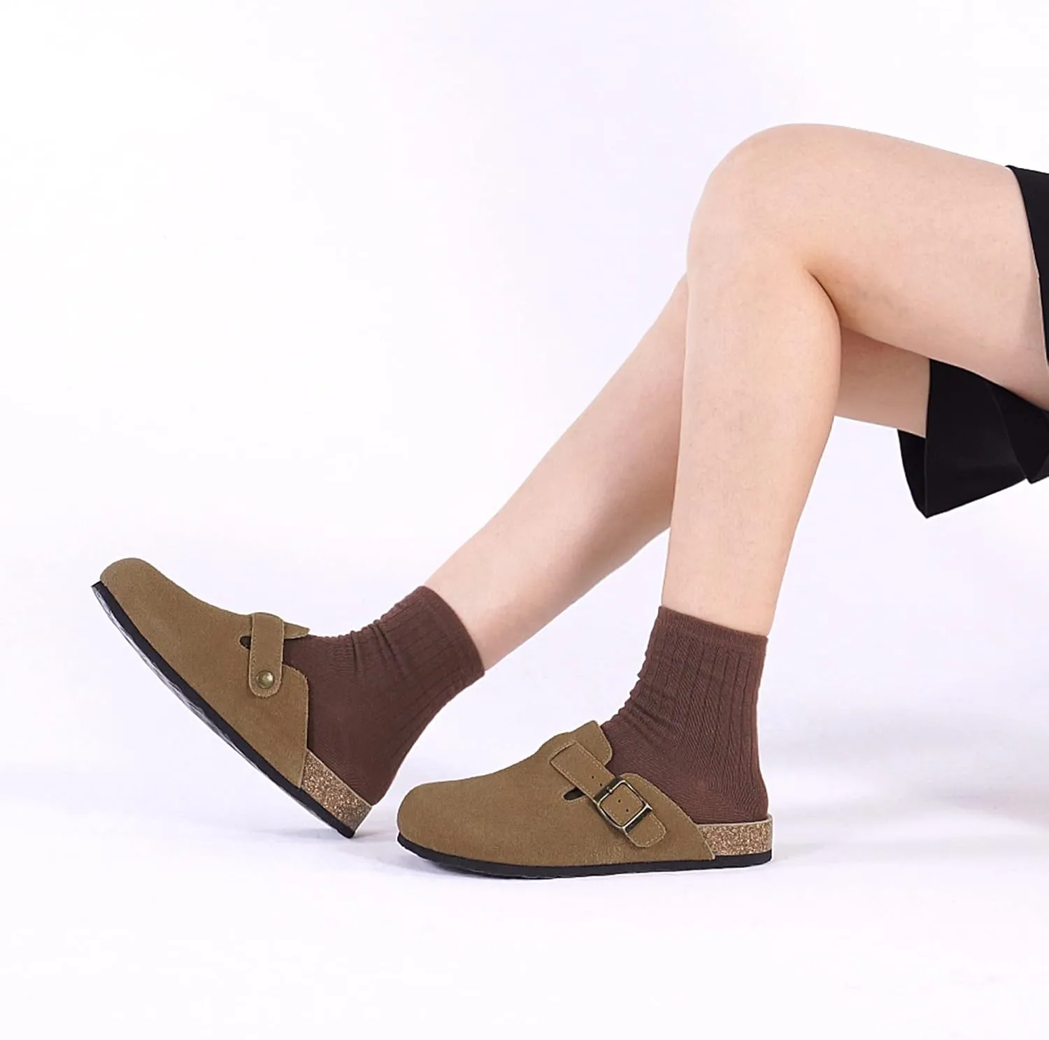 Xiakolaka Women's Suede Clogs Adjustable Buckle Slip on Footbed Home Clog Slippers