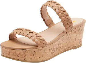 XYD Cork Heel Mules Wedges for Women Open Toe Braided Two Straps Platform Sandals Slip On Dress Casual Shoes