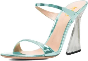 XYD Women Double Straps Slip On Slipper Sandals Open Toe High Crystal Heel Mule Summer Holiday Daily Casual Shoes