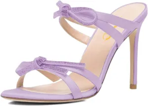 XYD Women Dress Round Open Toe Cute Bow Mule Sandals High Heel Strappy Backless Stiletto Slip on Party Casual Pumps Shoes
