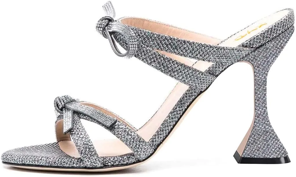 XYD Women Elegant Rhinestones Bows Open Round Toe Slip On Mule Sandals High Spool Heel Slipper Slides Comfortable Party Chic Shoes