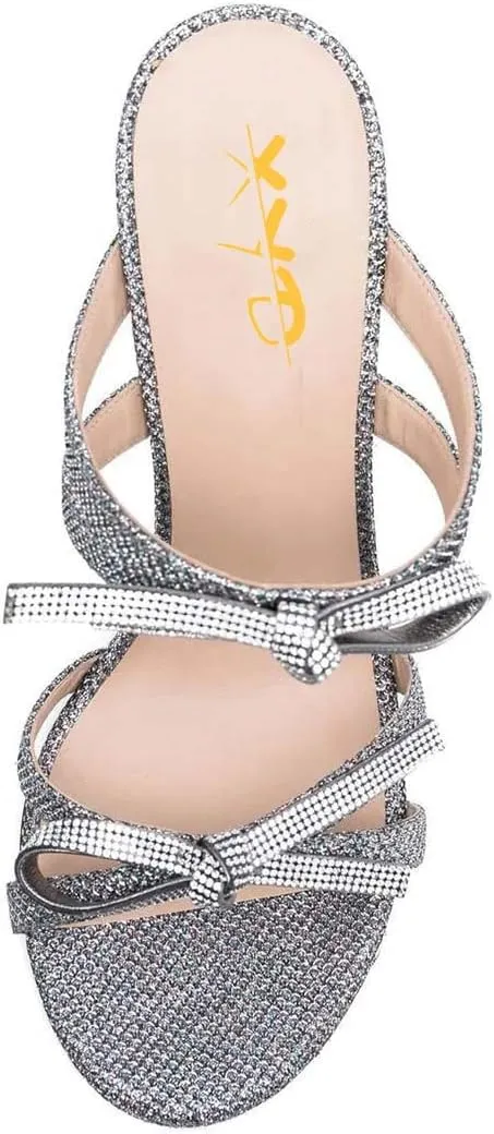 XYD Women Elegant Rhinestones Bows Open Round Toe Slip On Mule Sandals High Spool Heel Slipper Slides Comfortable Party Chic Shoes